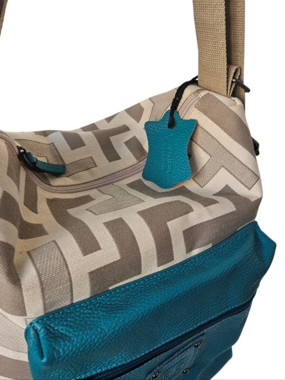 Forest Canvas Geo-Pattern Backpack -Sholder Bag with Teal Leather Pocket - Picture 10 of 16